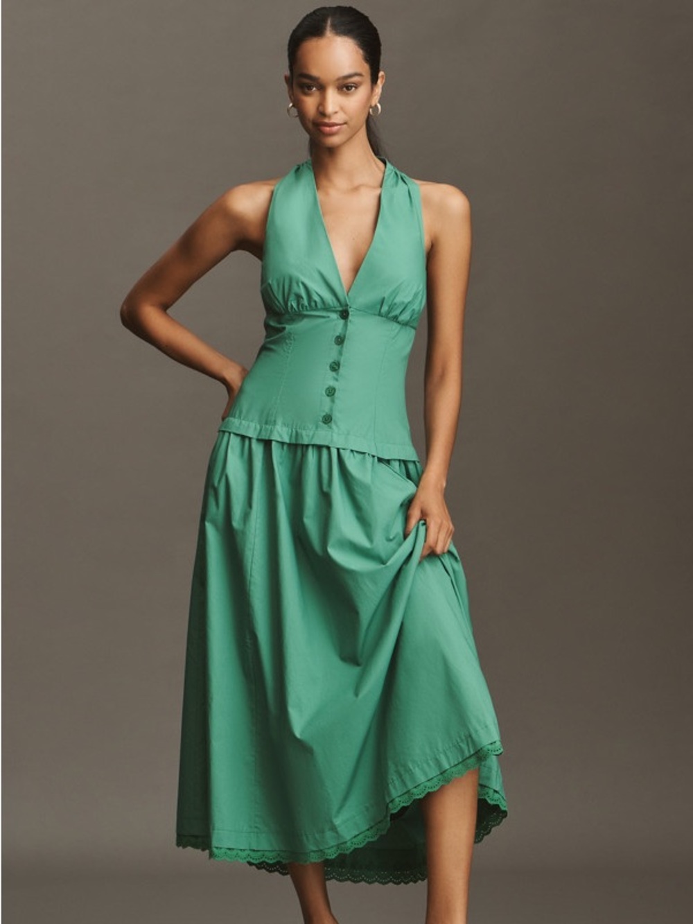 NEW Maeve by Anthropologie Sleeveless Green Drop waist Tiered Maxi Dress